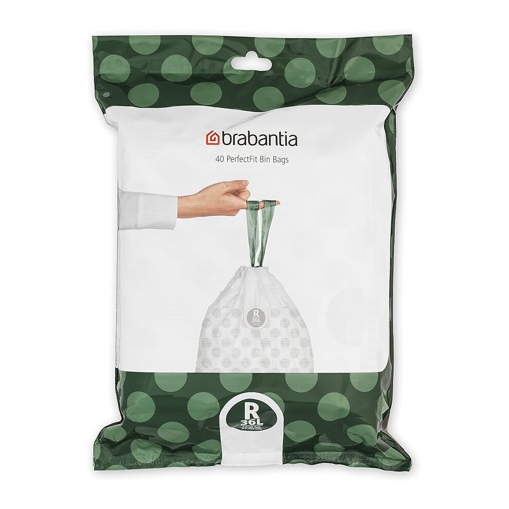 Brabantia Perfect Fit Bin Liners Thick Plastic Trash Bags with Tie Tape Drawstring Handles (40 Bags) (Size R/36 Litre) White