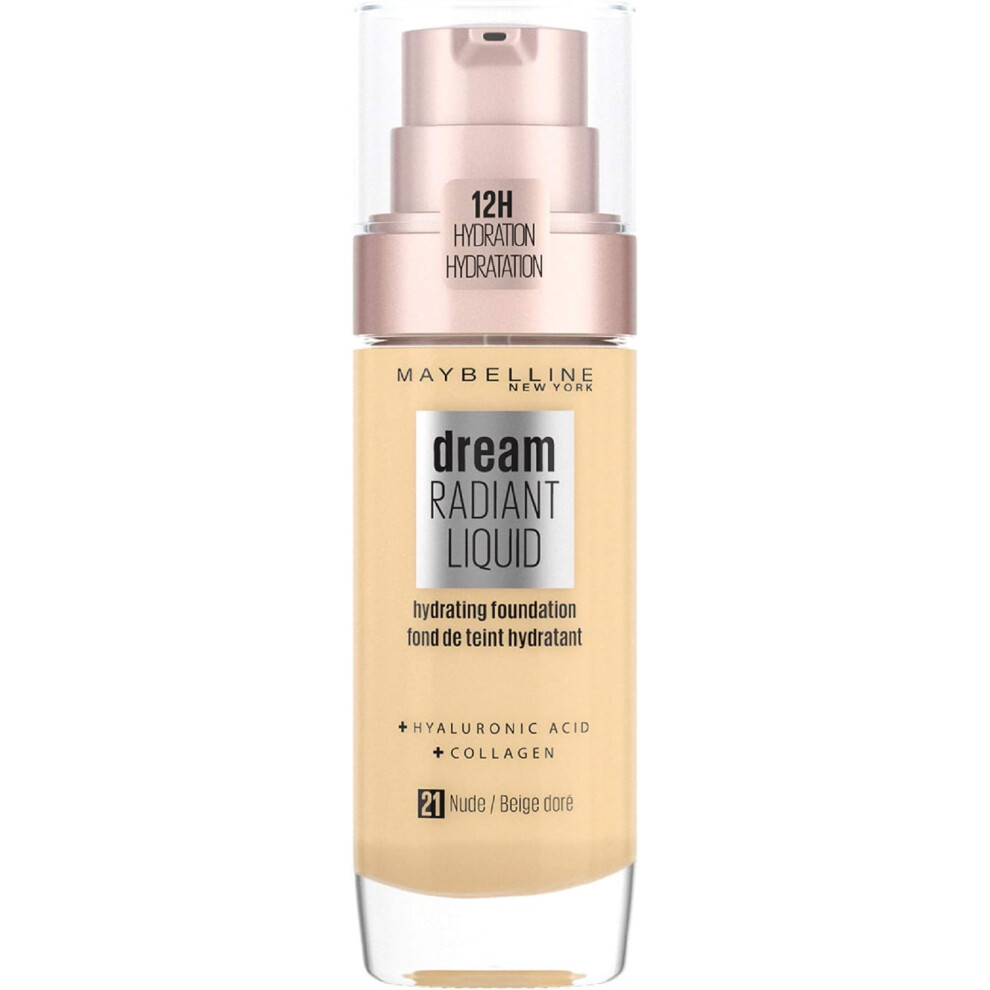 MAYBELLINE Foundation Dream Radiant Liquid Hydrating Foundation Hyaluronic Acid/Collagen - Lightweight Medium Coverage Up to 12 Hour Hydration 21 Nude