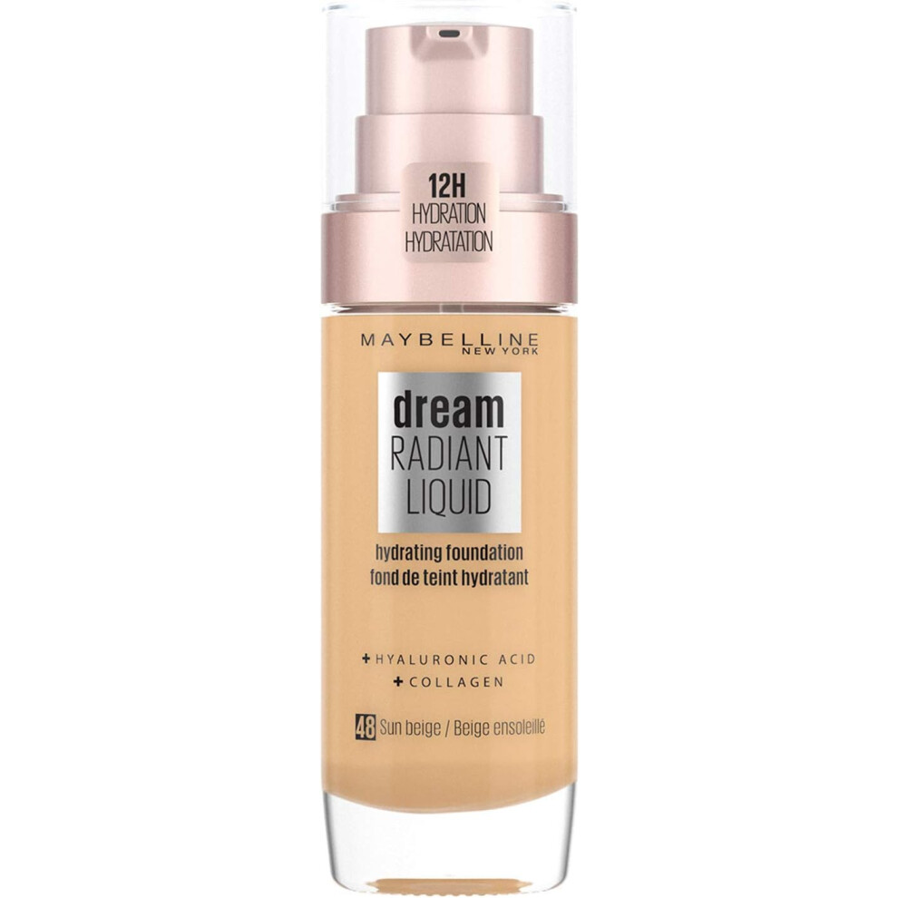 MAYBELLINE Foundation Dream Radiant Liquid Hydrating with Hyaluronic Acid/Collagen Lightweight Medium Coverage Up to 12 Hour Hydration 48 Sun Beige