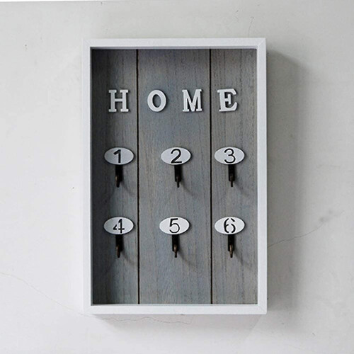 Wooden Wall Key Box With 6 Hanging Key Hooks Gray 2