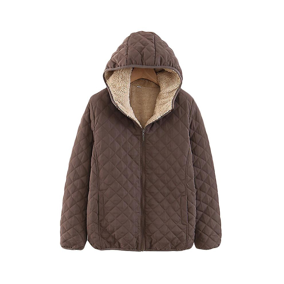 (Coffee, L) Women Hooded Fleece Lined Quilted Jacket Hoodie Coat