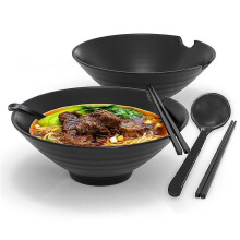 6-Piece Ramen Bowl Set With 1000 Ml Filling Quantity - Traditional Japanese Crockery Set With Chopsticks And Spoon In Black