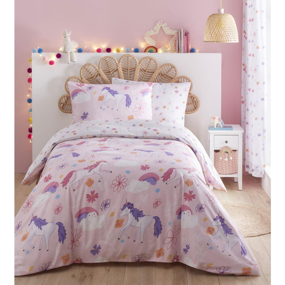 (Duvet Set - Double) Girls pink unicorn bedding duvet set pastel colour bedroom quilt cover