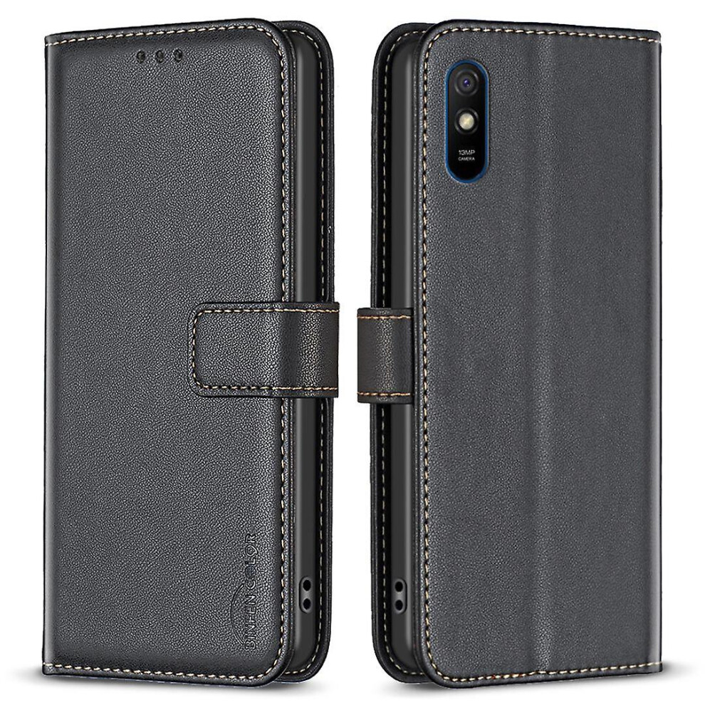 (Black) Shockproof Leather Case For Xiaomi Redmi 9A, Wallet Stand Cell Phone Cover Black 9497821110901