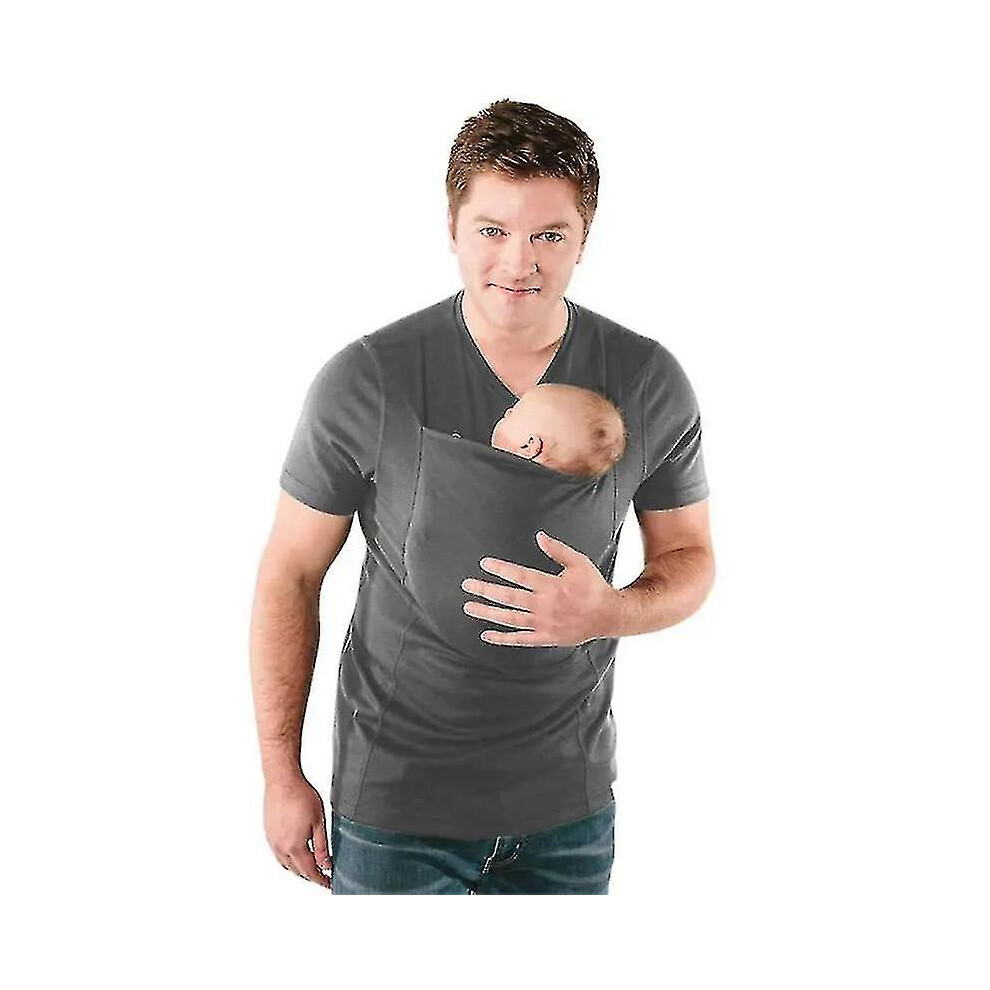 (Black, M) Kangaroo Dad Stretchy Infant Carrier T-shirt With Big Pocket