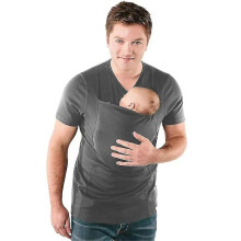 (Grey, M) Kangaroo Dad Stretchy Infant Carrier T-shirt With Big Pocket