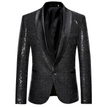 (Black, 2XL) Mens Fashion Sequin Casual Blazer Wediing Celebration Suit Jacket