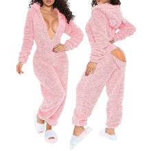 (Pink, S) 3d Ear Buttoned Jumpsuit Hooded Home Wear Pajama High Waist Flap Functional Fluffy Lounge Jumpsuits Overalls Solid Color