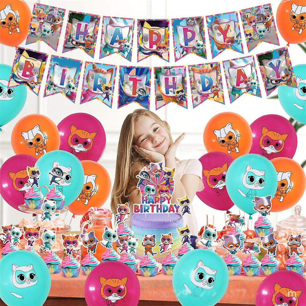 Super Kitty Theme Kids Girls Happy Birthday Party Supplies Kit Banner Balloons Cake Cupcake Toppers Decoration Set Kit