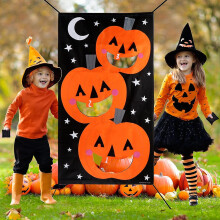 Pumpkin Bean Bag Toss Game Set - 3 Colorful Bags + 30x54in Banner, Halloween Party Decoration for Kids & Family Fun