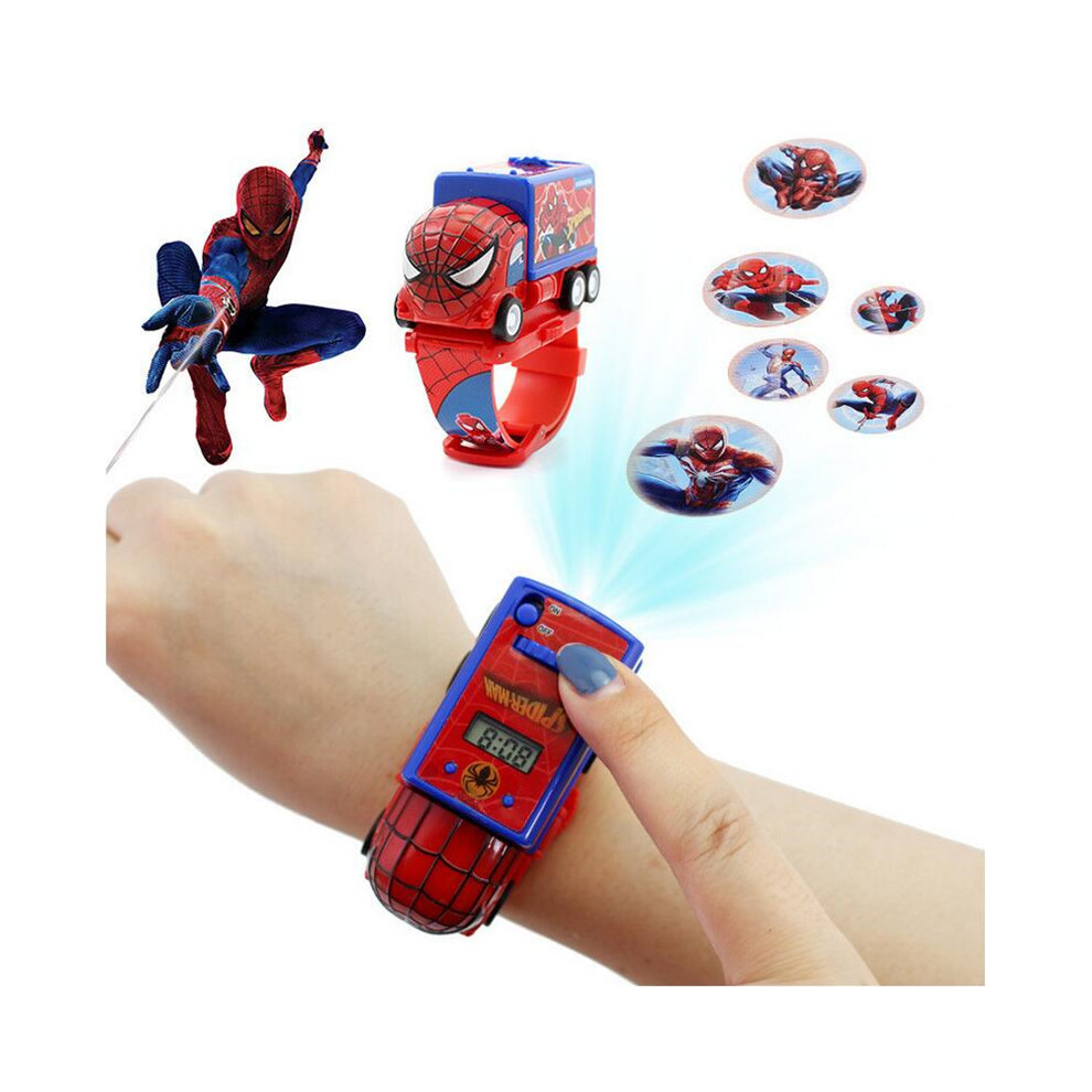 (SpiderMan) SpiderMan Cartoon Car Child 3D Projection Watch Anime Superher Kids Toy