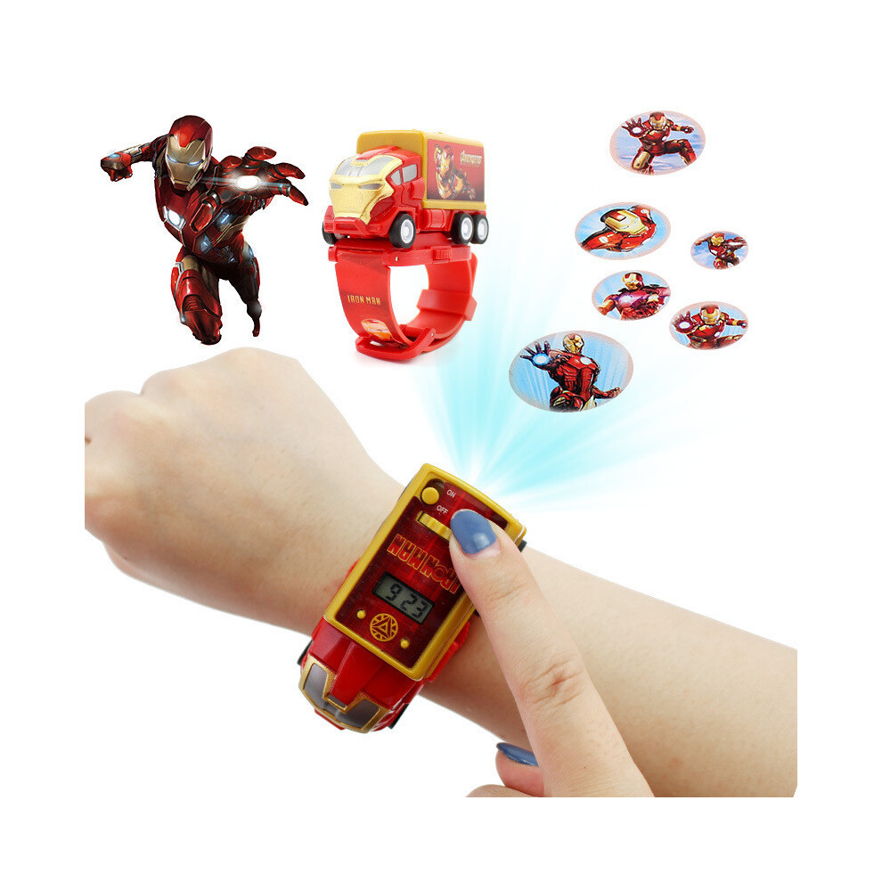 (Iron Man) SpiderMan Cartoon Car Child 3D Projection Watch Anime Superher Kids Toy