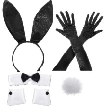 Bunny Costume Set Including Bunny Ear Headband, Collar Bow Tie, Cuffs, Long Black Gloves And Bunny Rabbit Tail