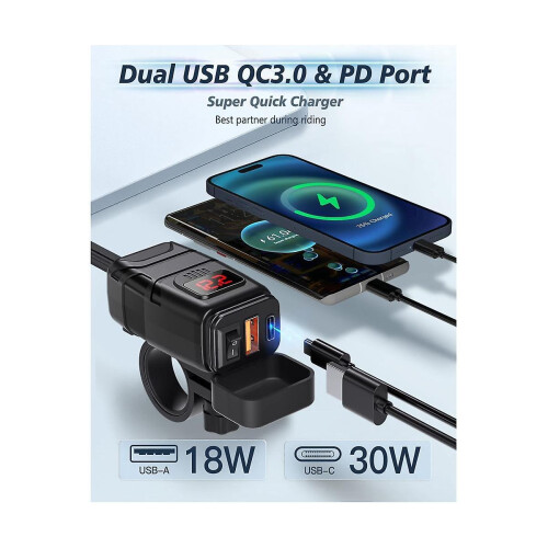 Motorcycle Phone Charger, Dual Usb Type C Pd 1