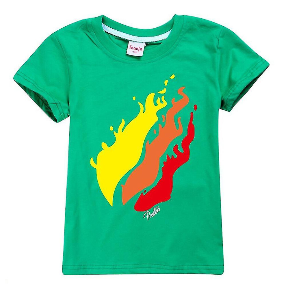 (Green, 11-12 Years) New 7-14 Years Kids/teens Boys Girls Prestonplayz Flame Print Short Sleeve T-shirt Casual Tops Gifts