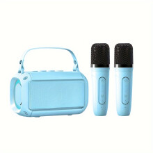(sky blue, 2mic) KINGLUCKY T33 Karaoke Machine - Portable Wireless Speaker with 2 Microphones and Colorful Lights
