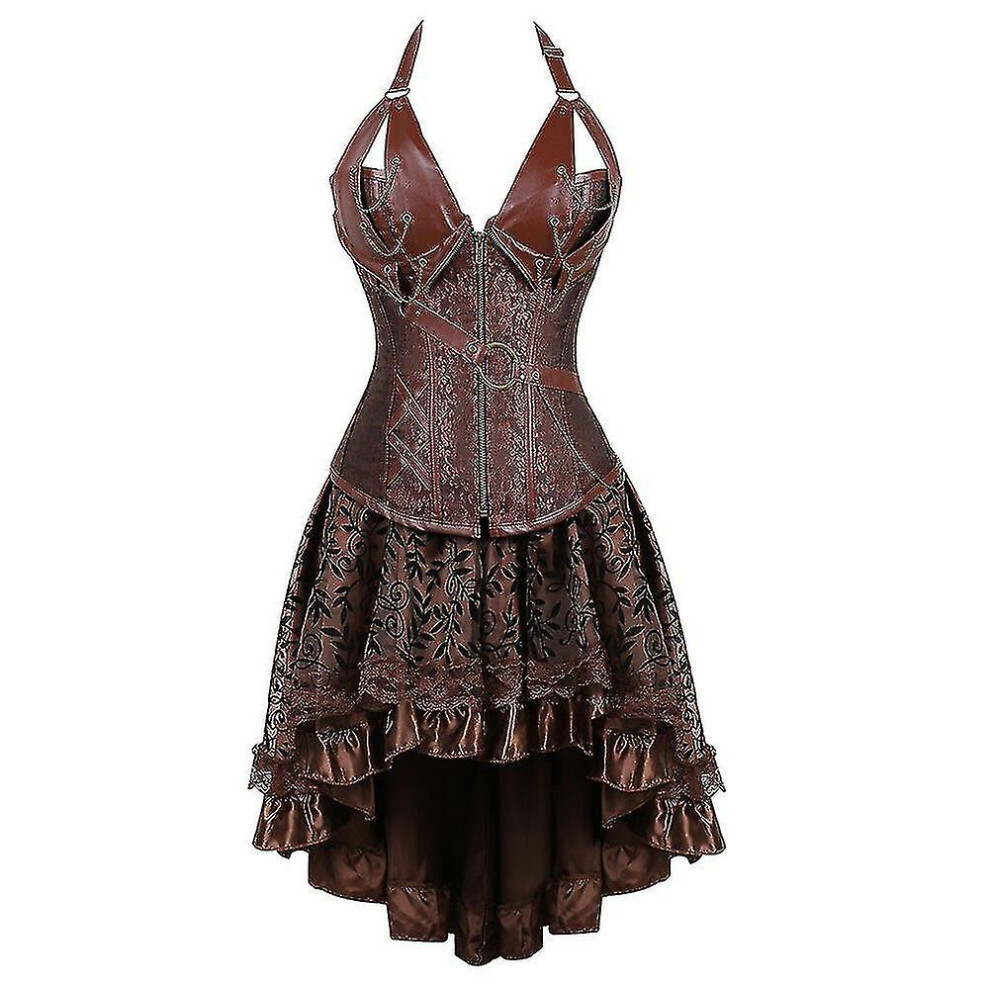 (Brown set, 5XL) Steampunk Corset Dress Women Gothic Faux Leather Corset With Asymmetric Lace Skirt Set S-6xl