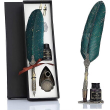 Feather Pen And Ink Set, Glittering Quill Pen Set Antique Calligraphy Dip Pen With Ink, 2 Replacement Nibs, Pen Stand Base, Luxury Vintage Signature P