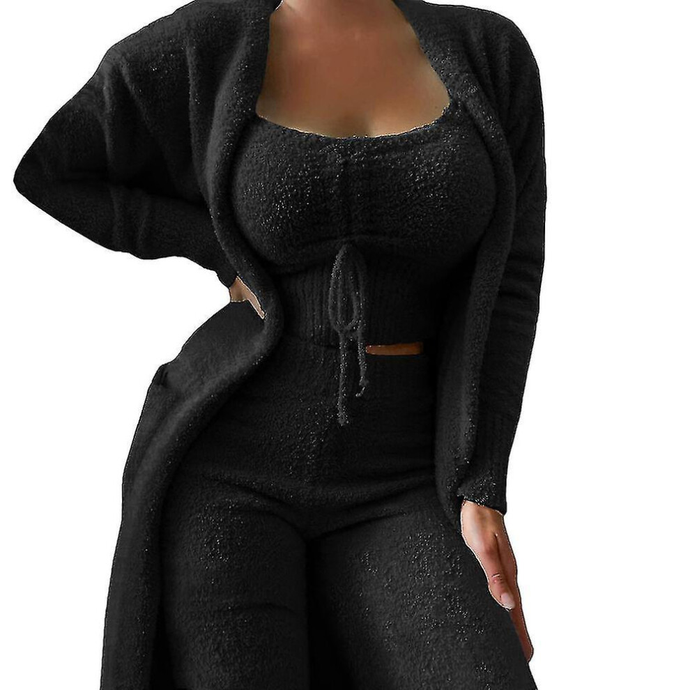 (Black, M) Womens Teddy Bear Fleece Pyjamas Set Fluffy Warm Crop Top-pants-cardigan Suit (bean)