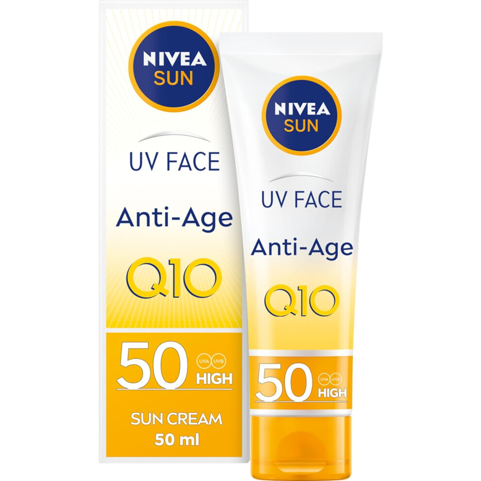 NIVEA Sun UV Face Anti-Age SPF 50 Cream (50ml) Q10 Sun Cream Protects Against UVA/UVB Rays and Premature Skin Ageing Anti-Ageing Cream Fights Fine