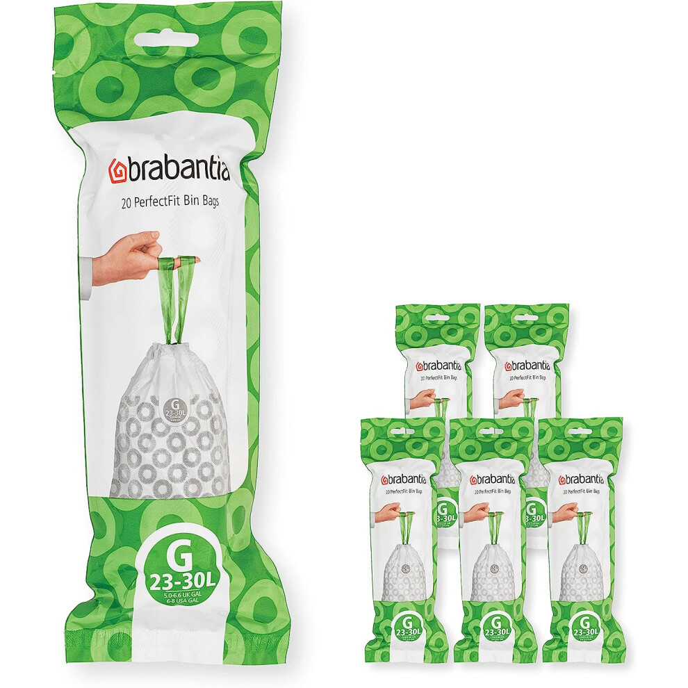 Brabantia PerfectFit Bin Liners Multipack (Size G/23-30 Litre) Thick Plastic Trash Bags with Tie Tape Drawstring Handles (120 Bags), White