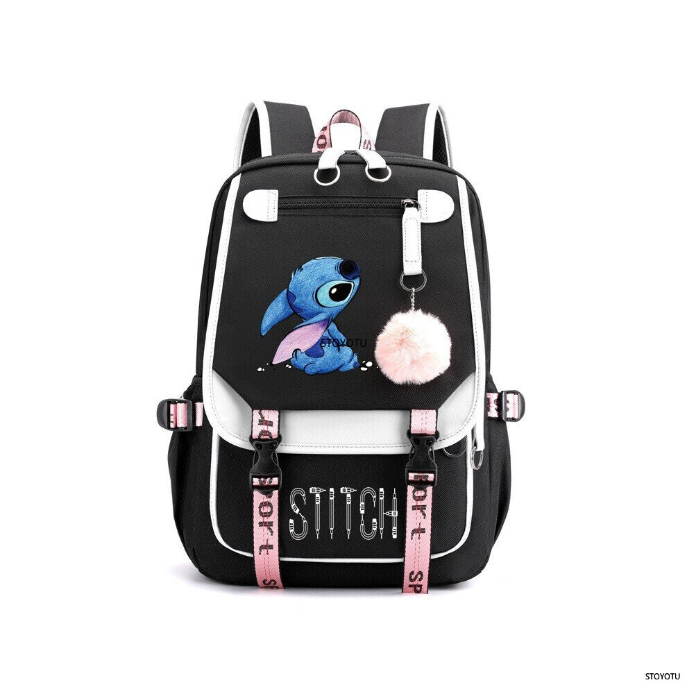 (Black) Unisex Rucksack School Stitch Students Backpack Boys Girls Outdoor Cartoon Daypack Hiking Bags