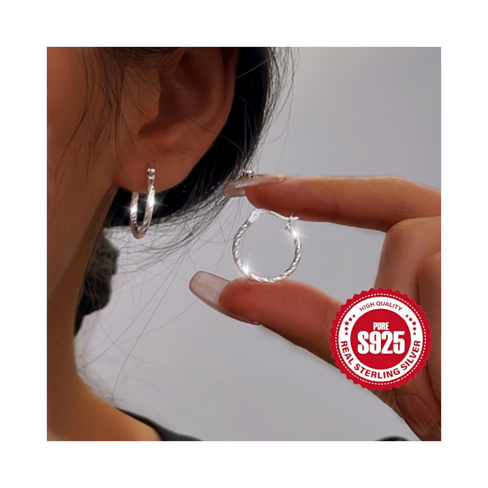 S925 Sterling Silver Hoop Earrings, Minimalist Geometric Twist Circle Hoop Earrings, Classic Style Earrings Jewelry