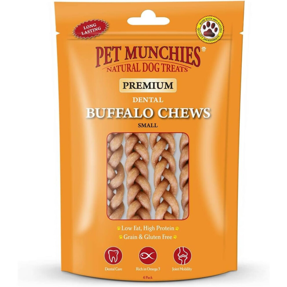 Pet Munchies Small Buffalo Dental Chews, Healthy, Natural and Long-Lasting Dog Treats, Grain Free and Low in Fat 55g, Pack of 8 (32 Chews)