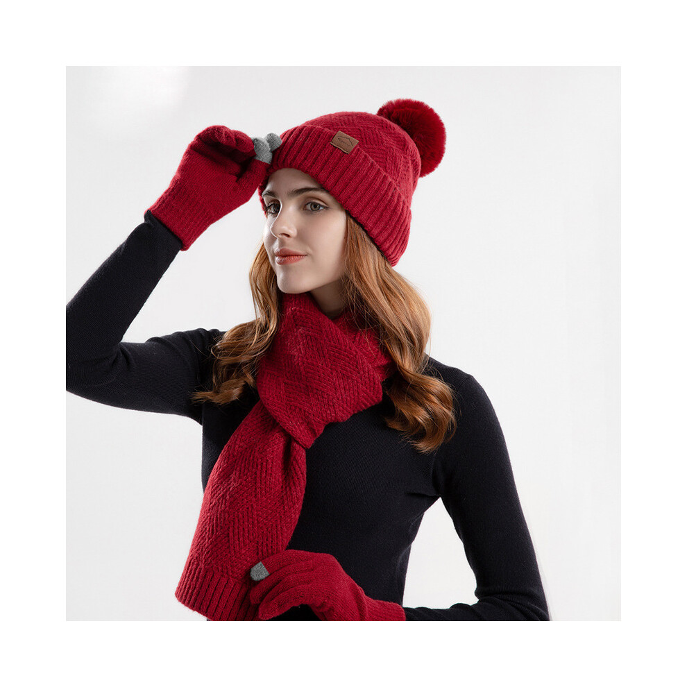 (Red) Womens Ladies Thick Knit Hat Scarf And Gloves Set