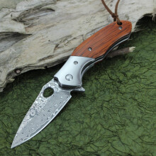 Damascus Pocket Knife For Men, Vg10 Core Damascus Steel Folding Knife With Drop Point Blade, Wood Handle, Liner Lock, Ball Bearing, Thumb Hole, For Ed
