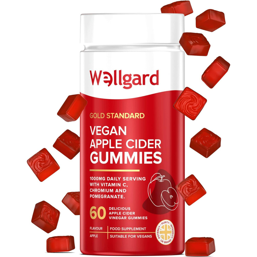 Wellgard Vegan Apple Cider Vinegar Gummies Gold Standard 1000mg ACV Gummies with Vitamin C Chromium and Pomegranate Non-GMO Gluten-Free & Gelatine-Fre