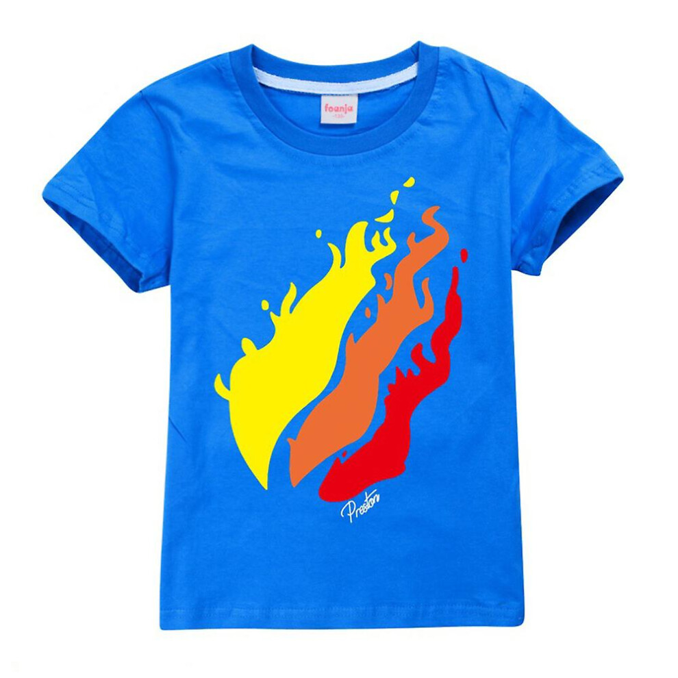 (Blue, 7-8 Years) 7-14 Years Kids/teens Boys Girls Prestonplayz Flame Print Short Sleeve T-shirt Casual Tops Gifts-image-OPC-PDQGDTZ-NEW