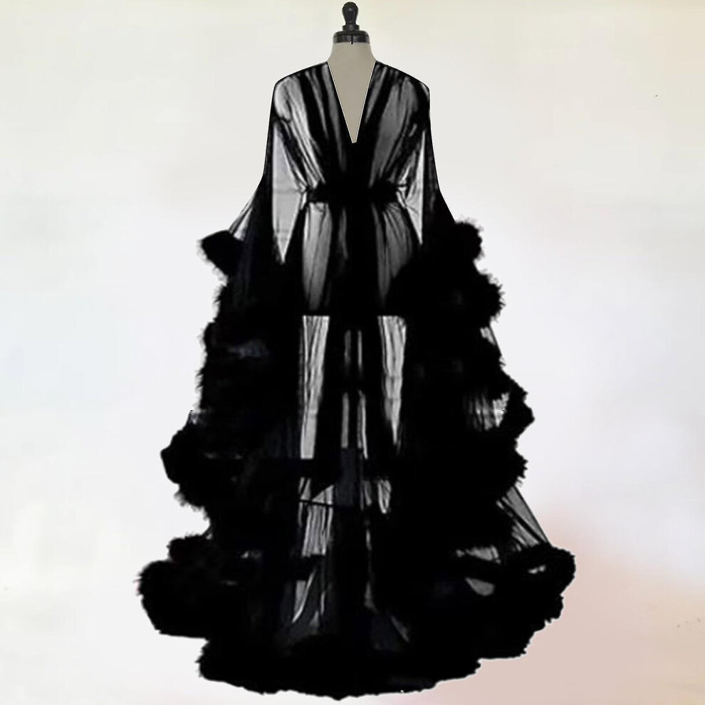 (black) Women Fashion Tulle Robe Long Lingerie Nightgown Bathrobe Sleepwear Feather Bridal Robe Lace Lingerie Free