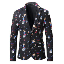 (L) Sliktaa Mens Christmas Santa Claus Elk Print Slim Fit Suit Blazer
