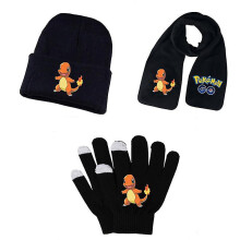 (set 7) Adult Students Autumn Winter Kid Hat Scarf Glove Set Pokemon Pikachu Anime Cartoon Printing Cosplay Touch Screen Riding Gloves