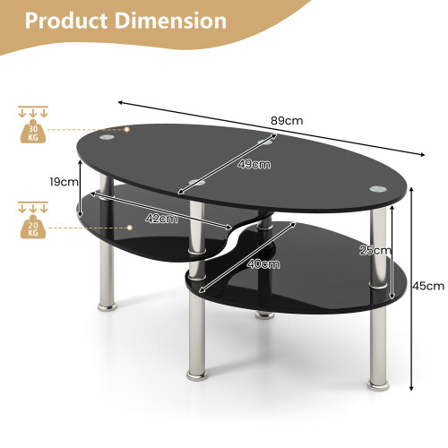 Costway 3-tier Oval Tempered Glass Coffee Table Center Table w/ Open Shelf Black 1