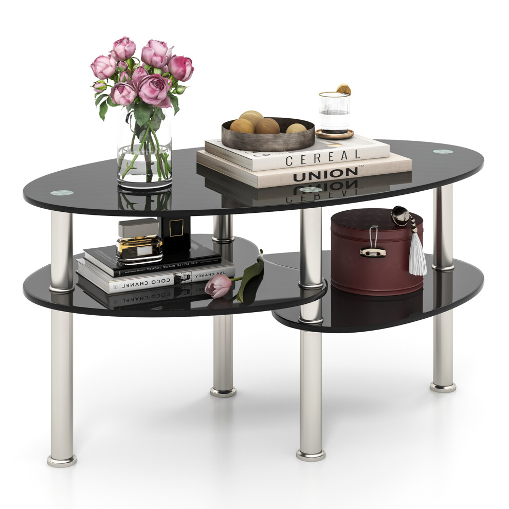 3-tier Oval Tempered Glass Coffee Table Center Table w/ Open Shelf Black