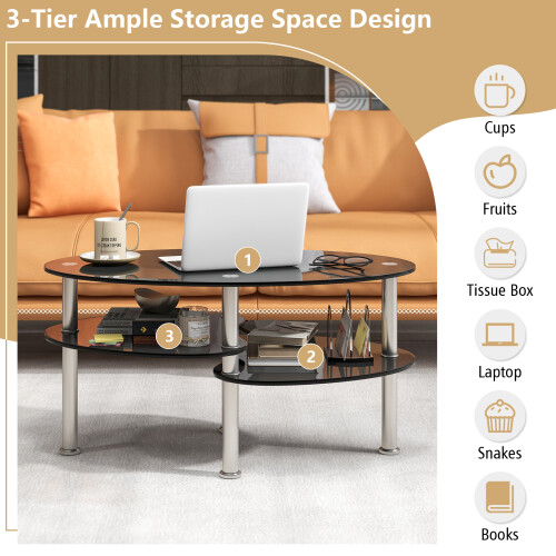 Costway 3-tier Oval Tempered Glass Coffee Table Center Table w/ Open Shelf Black 2