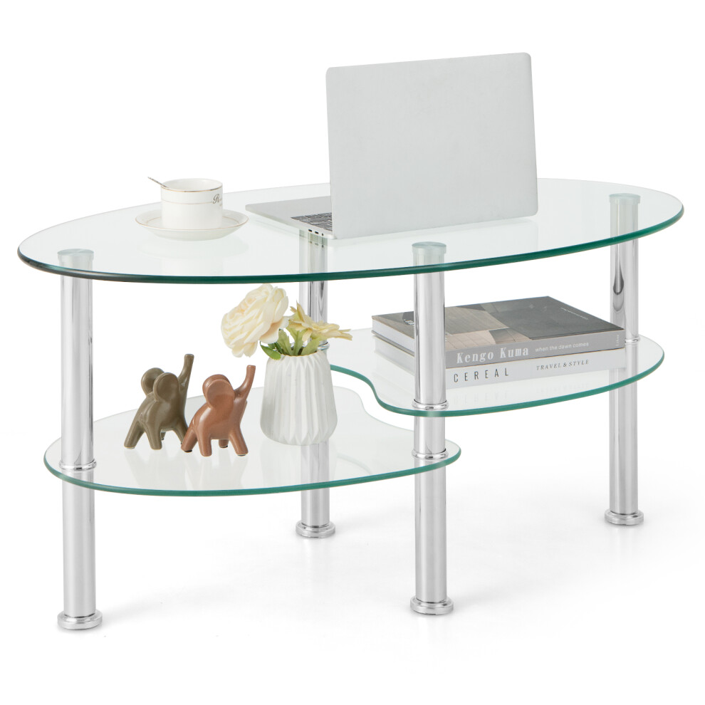 3-tier Oval Tempered Glass Coffee Table Center Table w/ Open Shelf White