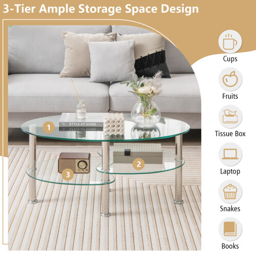 Costway 3-tier Oval Tempered Glass Coffee Table Center Table w/ Open Shelf White 2