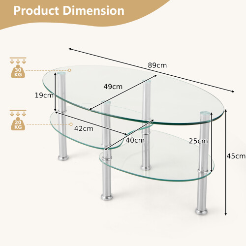 Costway 3-tier Oval Tempered Glass Coffee Table Center Table w/ Open Shelf White 1