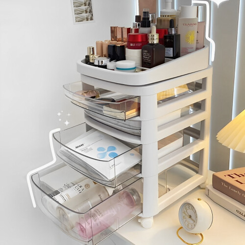 Living And Home Removable Cosmetic Storage Organizer with Wheels and Drawers, White 2