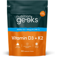 Nutrition Geeks Vitamin D3 4000 iu & Vitamin K2 MK7 100μg 365 Easy-Swallow Tablets 1-A-Day High Strength Vegetarian D3 and K2 Vitamin Supplements