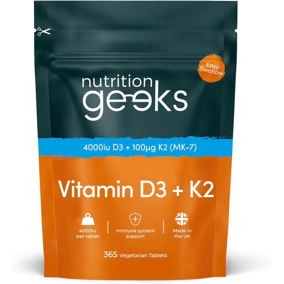 Nutrition Geeks Vitamin D3 4000 iu & Vitamin K2 MK7 100Î¼g 365 Easy-Swallow Tablets 1-A-Day High Strength Vegetarian D3 and K2 Vitamin Supplements