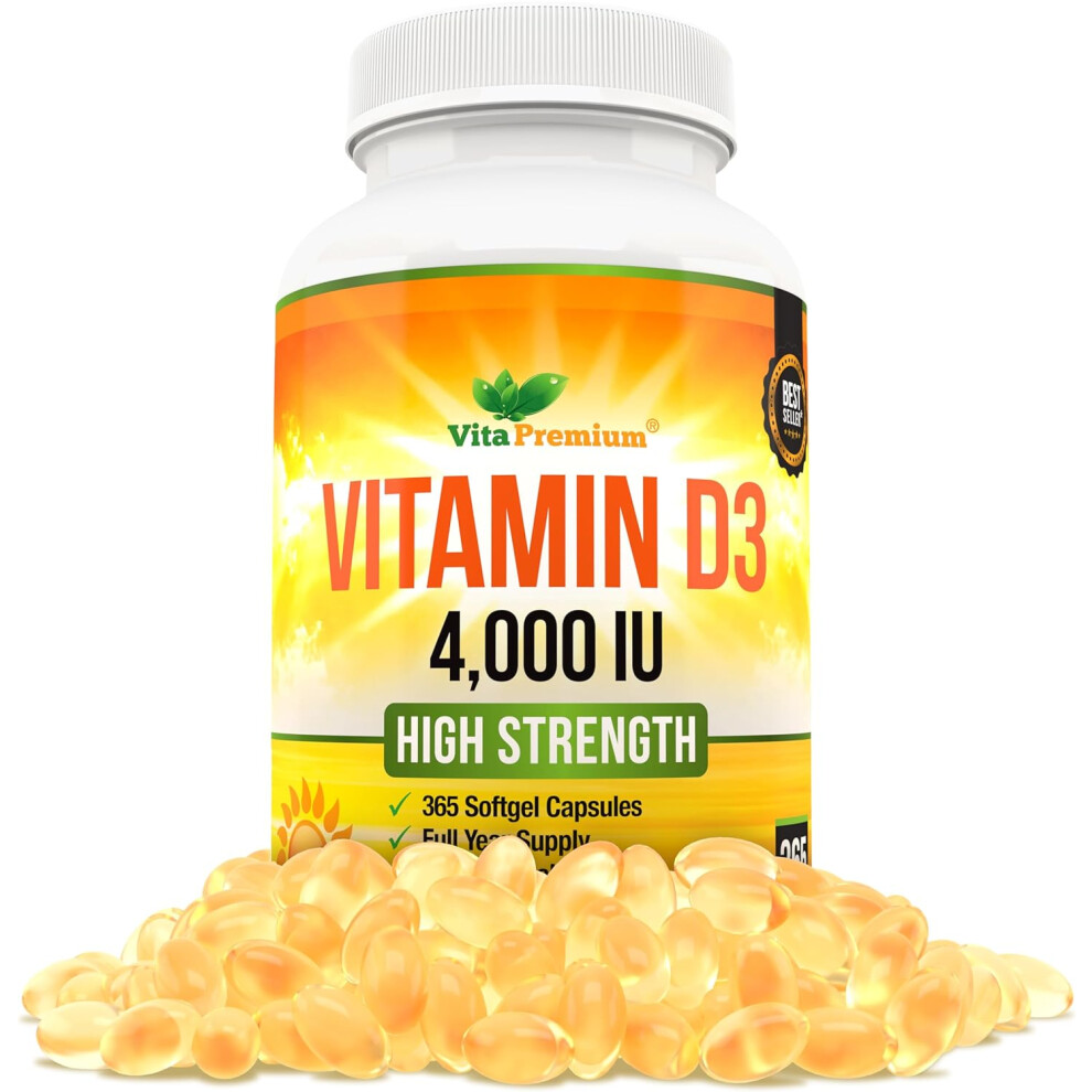 Vita Premium Vitamin D 4,000 IU Softgels Maximum Strength Vitamin D3 Supplement 365 Easy to Swallow Tablets - Full Year Supply