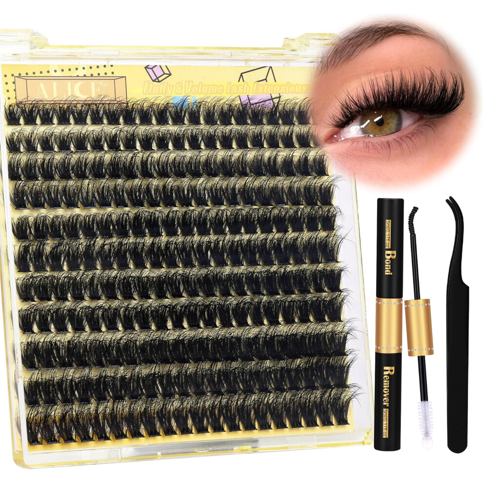 ALICE Lash Clusters Kit Fluffy Volume Lash Extension Kit 3D Wispy Natural DIY Eyelash Extension Kit with 220Pcs Individual Lashes Tweezers