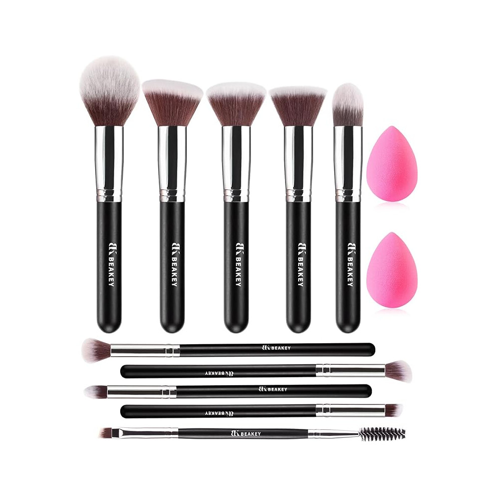 Beakey Store Black/Silver Beakey Make Up Brushes 12Pcs Makeup Kit Kabuki Foundation Face Powder Concealers Eyeshadow Make Up Brushes Set, With 2Pcs Blender Sponges