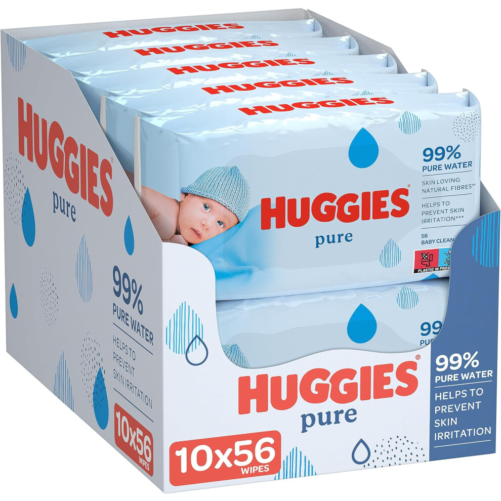Huggies Pure Baby Wipes - Pack of 10 (10 x 56 Packs, Total 560 Wipes)