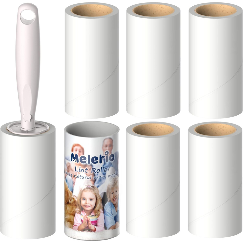 MELERIO Lint Rollers 6 Refills Full 420 Sheets w/ Protective Cover1 handle w/ 6 Extra Sticky Lint Roller Set f/ Clothes Sofa Bed & Carpet Lint Roller
