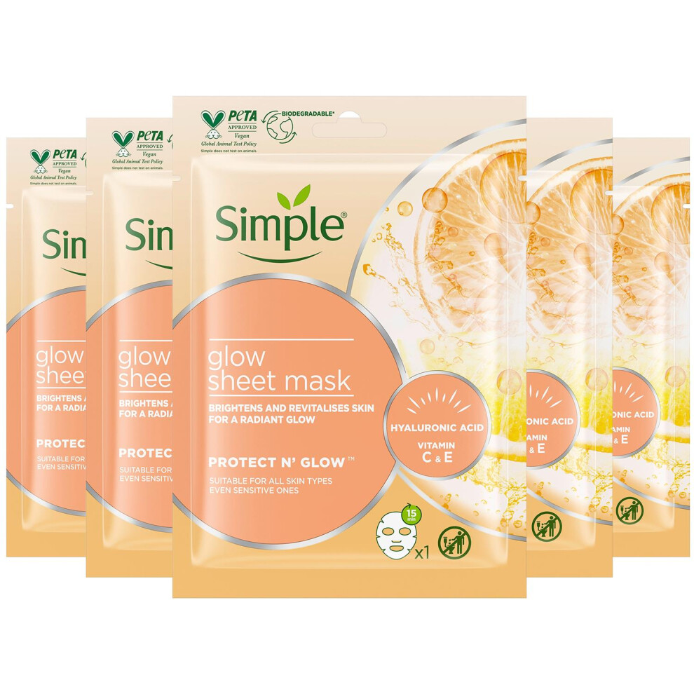 Simple Protect 'N' Glow Sheet Mask 48H Glow 1 Mask, 5 Pack